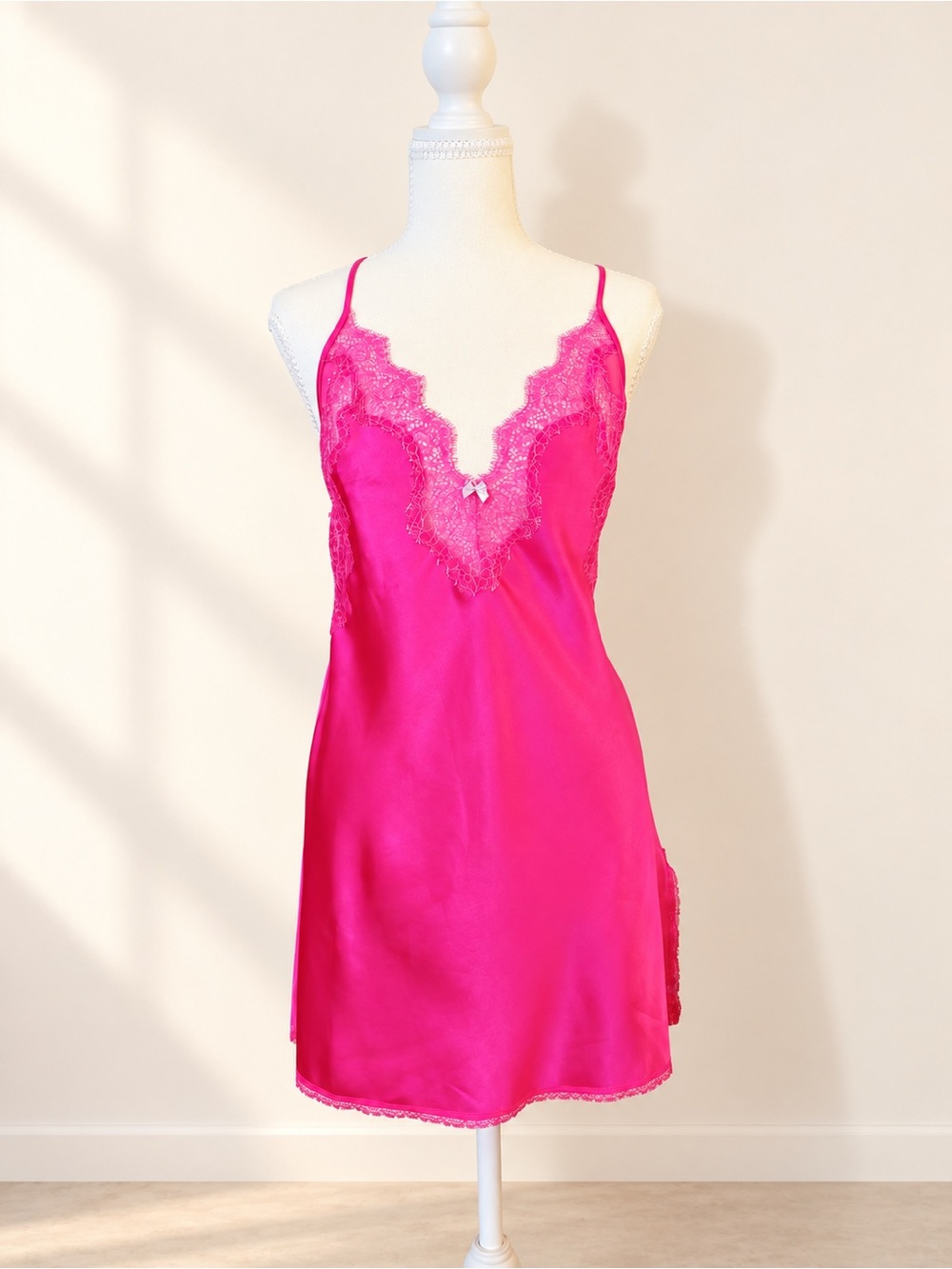 Victoria’s Secret Hot Pink Satin Lace Slip Chemise M